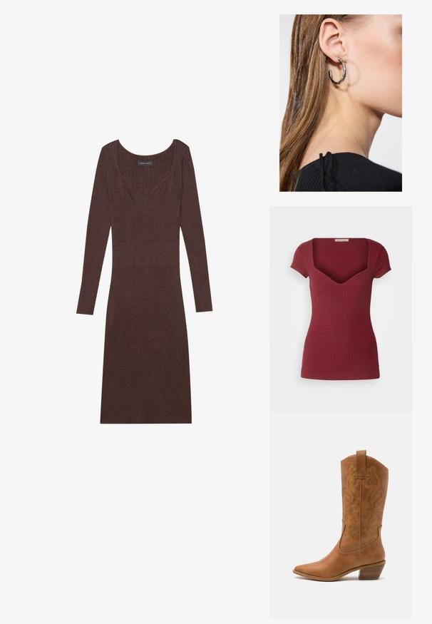 Bruine poncho met patroon en franjes, gemaakt van zachte stof. Gelaagd over een geribbelde bruine jurk met een diepe V-hals en een aansluitende pasvorm.; Geribbelde bordeauxrode top met een perfecte pasvorm, korte mouwen en een diepe V-hals. Gemaakt van zachte stof met een gladde textuur.; Bruine geribbelde lange jurk met een ronde hals en een aansluitende silhouette. Kenmerkt zich door V-vormige stikdetails op het lijfje.; Tan leren cowboylaars met puntige neus, geborduurde spiraalpatronen op de schacht en een gestapelde blokhak. Voorzien van een trekband voor gemakkelijke aan- en uittrekken.; Zilveren oorbel met een gepolijste afwerking, met kleine gouden accentdetails en een ronde vorm, gedragen op de oorlel.