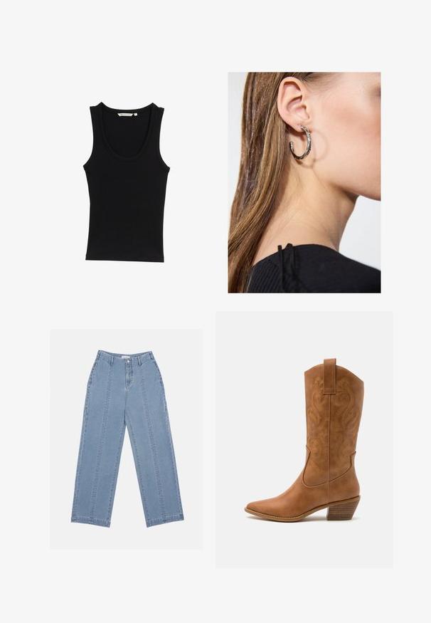 Brunmönstrad poncho med fransar, tillverkad av mjukt tyg. Lager över en ribbad brun klänning med djup V-ringning och figurnära silhuett.; Svart linne i ribbad tyg, med en rundad halsringning och breda axelremmar. Inga synliga mönster eller detaljer.; Ljusblå vida jeans i denim. Har hög midja, knapprningsstängning och synlig sömnad. Inga fickor är synliga på framsidan.; Bruna lädercowboystövlar med spetsig tå, broderade virvelmönster på skaftet och en staplad blockklack. Har en dragflik för enkel påtagning.; Silverörhänge med polerad yta, med små detaljer i guld och rund form, bärs på loben.