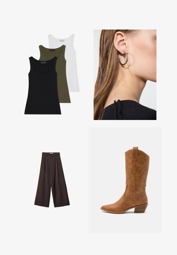 Brunt mønstrede poncho med frynser, lavet af blødt stof. Lagt over en ribbet brun kjole med dyb V-udskæring og tætsiddende silhuet.; Tre toppe i sort, olivengrøn og hvid. Blødt stof med rund halsudskæring, der har et simpelt design uden decorationer.; Sorte vidde bukser med høj talje, med frontfolder og knaplukning i taljen, lavet af glat stof.; Tan læder cowboystøvle med spids tå, broderede svirvelmønstre på skaftet og en stablet blokhæl. Har en træksløjfe for nem af/på.; Sølv hoop ørestik med en poleret overflade, prydet med små guld accenter og en rund form, båret på øreflippen.