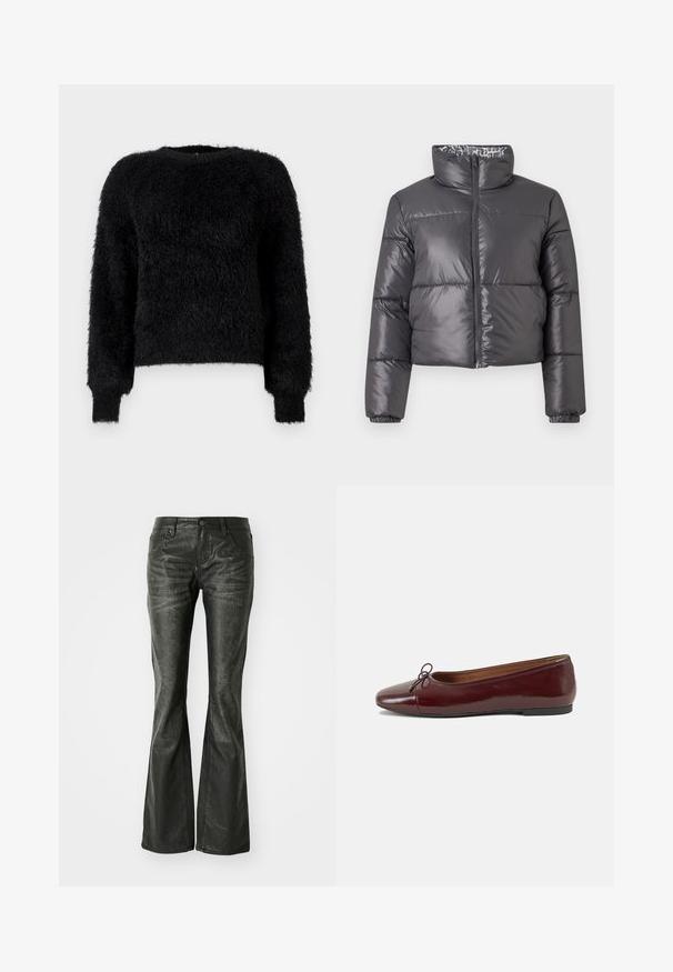 Schwarze Steppjacke mit hohem Kragen, Reißverschluss vorne und gesteppten Abschnitten. Sie hat eine glatte, glänzende Außenfläche und ein gemustertes Innenfutter.; Schwarzer, flauschiger Pullover mit langen Ärmeln und Rundhalsausschnitt aus einem weichen, strukturierten Stoff sowie gerippten Bündchen vor einem schlichten weißen Hintergrund.; Schwarze Kunstleder-Flared-Jeans mit Fronttaschen, einem Metallknopfverschluss und einer leicht strukturierten Oberfläche. Schmaler Schnitt mit langem Bein.; Burgunderfarbenes, lackiertes Ballettschuh mit abgerundetem Zehenbereich, kleiner Schleifenakzent vorne und einer niedrigen, schwarzen Gummisohle. Glatte Textur.