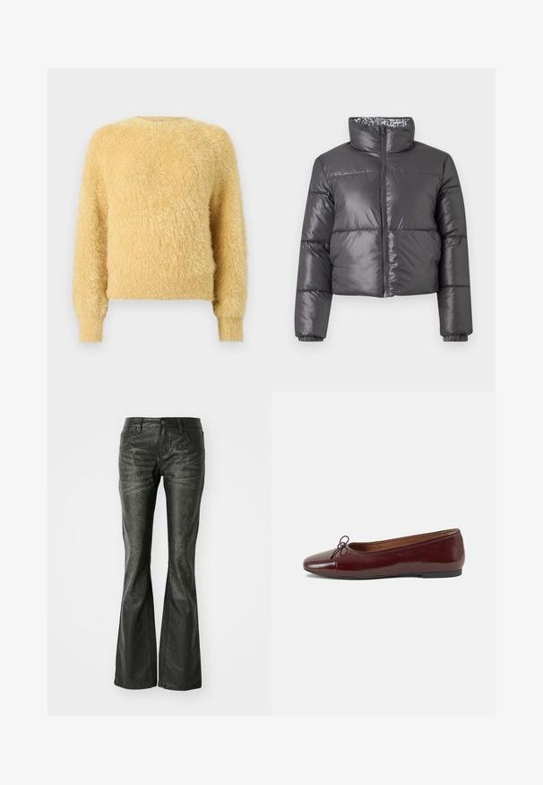 Svart puffjakke med høy krage, glidelås foran og quiltede seksjoner. Har en glatt, skinnende overflate og et mønstrete fôr.; Myk, fluffy gul langermet genser med ribbede mansjetter og nederkant, med rund hals og en luksuriøs strukturert strikk.; Sorte falske skinn flared jeans med frontlommer, metallknapplukking og en lett teksturert overflate. Rett ben med lang kutt.; Burgunderrød lakk lær ballettleilighet med rund tå, liten sløyfe foran og en lav, svart gummisåle. Glatt tekstur.