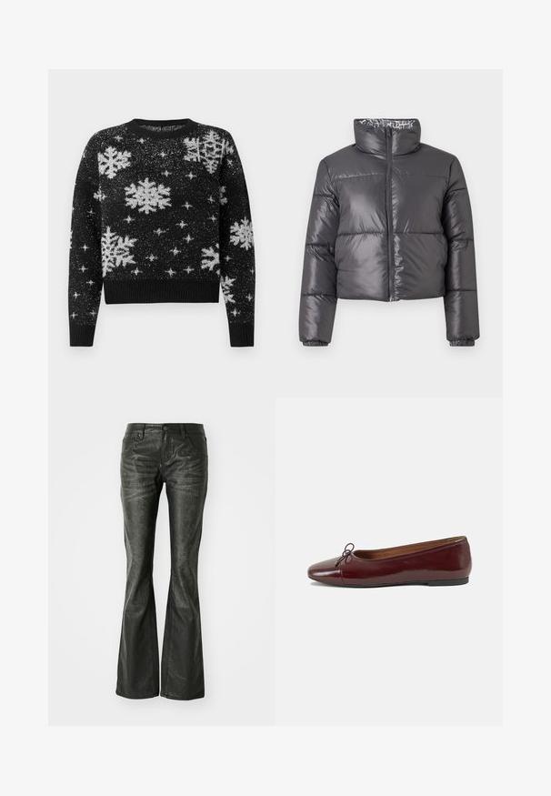 Černá péřová bunda s vysokým límcem, zipem vpředu a prošívanými sekcemi. Disponuje hladkým, lesklým povrchem a vzorovanou podšívkou.; Černý svetr s bílými vzory sněhových vloček a hvězd, vyrobený z texturované látky, s kulatým výstřihem a žebrovaným lemem a manžetami.; Černé kožené zvonové džíny s předními kapsami, kovovým zapínáním a mírně texturovaným povrchem. Rovný střih s dlouhým zakončením.; Burgundské lakové baleríny s kulatou špičkou, malou mašlí vpředu a nízkou černou gumovou podrážkou. Hladký povrch.