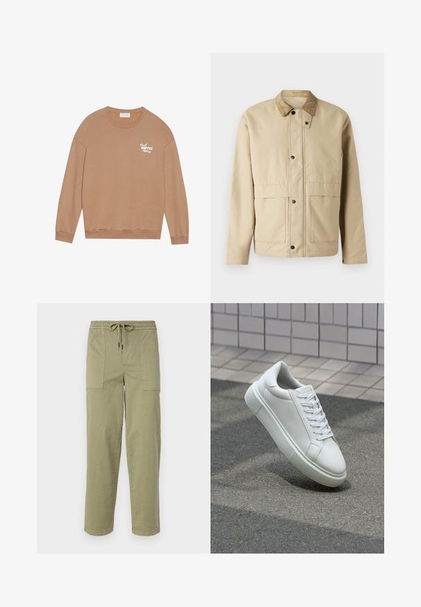 Beige jacka med en kordfl.tvillspets, tryckknappar, två framfickor och en något figursydd form. Tillverkad av ett slätt tyg.; Brun bomullströja med långa ärmar, rund halsringning och "Fresh Coffee" tryckt i vitt på bröstet. Har ribbade manschetter och nederkant.; Ljus olivgröna byxor i en bomullsblandning, med elastisk midja och dragsko, samt två stora sidofickor.; Vit lädersneaker med en slät yta, rund tå och platta vita snören. Har en texturerad gummisula och minimalistiska designelement.