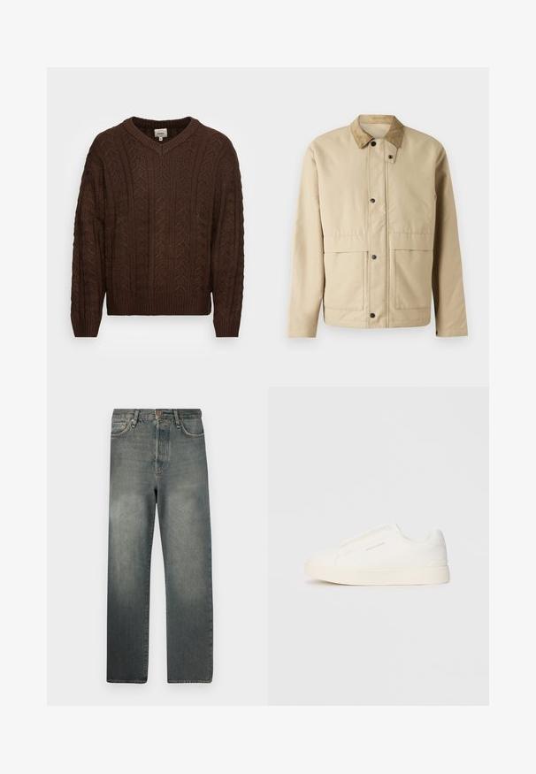 Béžová bunda s kordurovým golierom, patentkami, dvoma prednými vreckami a mierne priliehavým strihom. Vyrobená z hladkej tkaniny.; Hnedý pletený sveter s výstrihom do V, textúrovaným káblovým vzorom a rebrovanými manžetami a spodným lemom. Vyrobený z mäkkého, teplého materiálu.; Jack & Jones JJIALEX JJCOOPER - Džínsy baggy - black denim; Biele slip-on tenisky s textúrovaným povrchom, hrubou podrážkou a minimalistickým dizajnom. Obsahuje logo značky na boku.