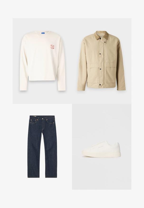 Beige jacket with a corduroy collar, snap buttons, two front pockets, and a slightly fitted shape. Made of smooth fabric.; Long-sleeve cream cotton t-shirt with a cropped design, featuring a pink graphic logo on the left chest and a classic crew neckline.; Dark blue denim jeans with a straight cut, featuring copper rivets, yellow stitching, and front pockets. Smooth texture with minimal design details.; White slip-on sneakers with a textured surface, a thick sole, and minimalistic design. Features brand logo on the side.