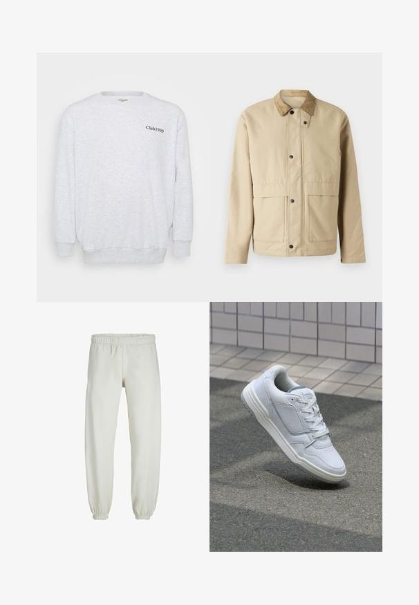 Bēša jakas ar kordorēda apkakli, spiedpogām, divām priekšējām kabatām un nedaudz pieguļošu formu. Izgatavota no gludas auduma.; Gaiši pelēks džemperis, izgatavots no flīsa materiāla. Tam ir apaļa kakla izgriezuma forma, garas piedurknes un uz priekša melnā krāsā iespiests teksts "Club1990".; Baltas treniņbikses, izgatavotas no mīkstas auduma, ar elastīgu jostu un piedurknēm, gluda tekstūra un brīva piegriezuma dizains.; Baltas ādas sporta apavi ar perforētiem sāniem, teksturētām akcentiem, plakanu šņorēšanu un kontrastējošu pelēku papēdi. Iezīmē nedaudz paaugstinātu zole.