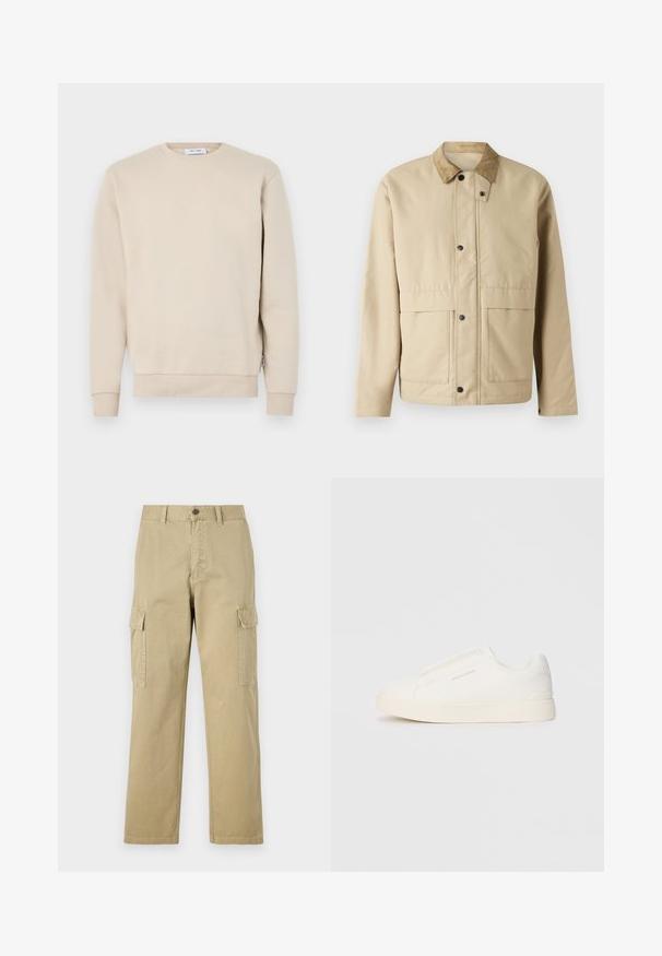 Μπεζ ζακέτα με κολάρο από καπαρντίνα, κουμπιά με κλιπ, δύο μπροστινές τσέπες και ελαφρώς εφαρμοστό σχήμα. Φτιαγμένη από απαλό ύφασμα.; Μπεζ βαμβακερό φούτερ με στρογγυλή λαιμόκοψη, ριμπ μανσέτες και στρίφωμα, και μαλακή υφή. Χωρίς ορατά γραφικά ή μοτίβα.; Μπεζ cargo παντελόνια φτιαγμένα από βαμβάκι, με δύο πλάγιες τσέπες, κουμπί κλεισίματος και ίσια πόδια με ελαφρώς υφαντό ύφασμα.; Λευκά slip-on παπούτσια με υφή, παχύ πάτο και μινιμαλιστικό σχέδιο. Φέρει το λογότυπο της μάρκας στο πλάι.