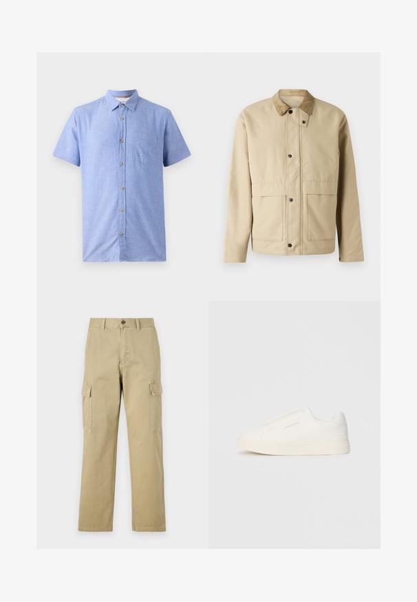 Bēša jakas ar kordorēda apkakli, spiedpogām, divām priekšējām kabatām un nedaudz pieguļošu formu. Izgatavota no gludas auduma.; Īsām piedurknēm krekls, izgatavots no gaiši zila auduma ar režģa rakstu, ar pogu slēgšanu priekšpusē un krūšu kabatu.; Beige kravas bikses no kokvilnas, kas aprīkotas ar divām sānu kabatām, pogu aizdari un taisnām kājām ar nedaudz teksturētu audumu.; Baltas slip-on sporta apavi ar teksturētu virsmu, biezu zoli un minimālistisku dizainu. Sānos redzams zīmola logotips.