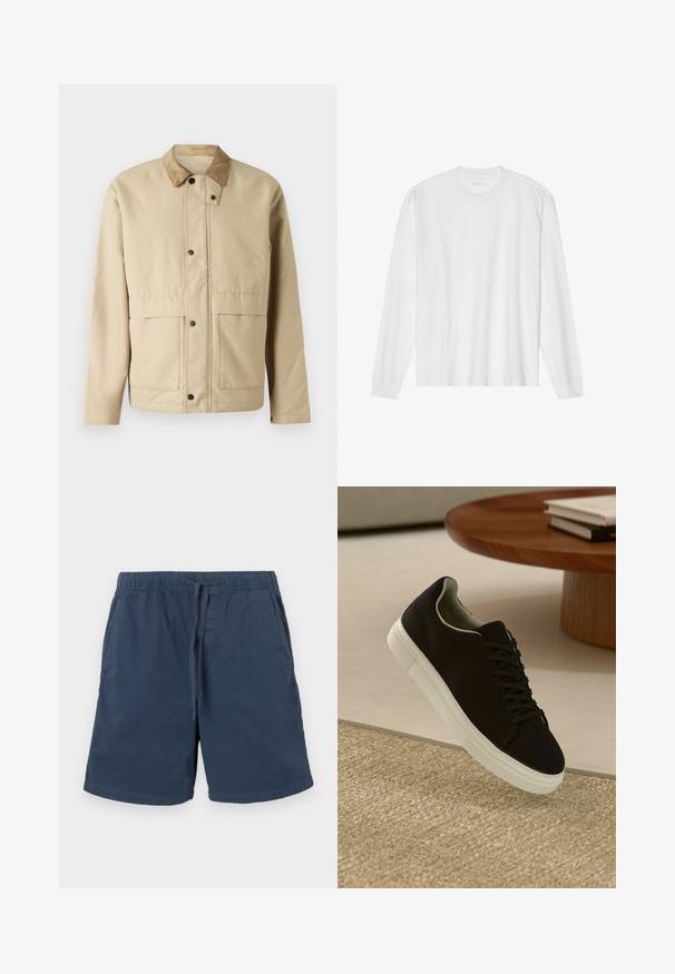 Bēša jakas ar kordorēda apkakli, spiedpogām, divām priekšējām kabatām un nedaudz pieguļošu formu. Izgatavota no gludas auduma.; Garas piedurkņu balta kokvilnas T-kreklu ar apaļu kakla izgriezumu un ribotām aprocēm. Vienkāršs, neizpušķots dizains ar gludu tekstūru un standarta piegriezumu.; Zilie šorti, izgatavoti no kokvilnas, ar elastīgu jostasvietu un auklu. Iespējo sānu kabatas un taisnu piegriezumu.; Melni sporta apavi ar baltu zoli, kas peld virs bēša tekstūrēta paklāja netālu no apaļa koka galda ar sakrautiem grāmatām.