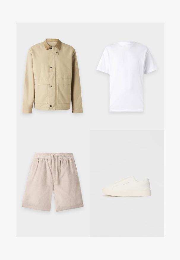 Beige jakke med kordfløyelsbluse, trykknapper, to frontlommer og en lett justert fasong. Laget av glatt stoff.; Hvit kortermet t-skjorte laget av bomull med rund hals, med en jevn tekstur og et enkelt design uten mønstre eller detaljer.; Beige kordfløyelsbokser med elastisk midje og snøring, med vertikal ribbet tekstur og sidelommer.; Hvite slip-on joggesko med teksturert overflate, tykk såle og minimalistisk design. Har merkevarelogo på siden.