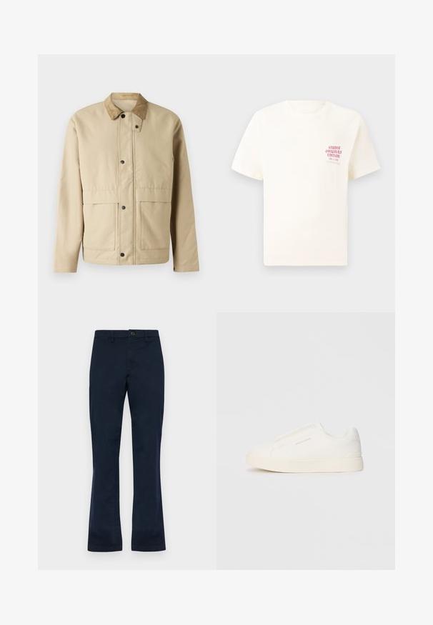 Bež žaket, millel on sametist krae, nööbid, kaks esist taskut ja kergelt taljes lõige. Valmistatud siledast kangast.; Valge lühikeste varrukatega T-särk, millel on vasakul rinnal punane tekst "Studio Originals Edition", esitatud neutraalsel hallil taustal.; Tumed sinise puuvillased püksid sirge sääre disainiga, millel on ees nuppude sulgemine, vöörihmade augud ja kaks külgtaskut. Sile tekstuur.; Valged libisemiskindlad tossud tekstuuriga pinnaga, paksu tallaga ja minimalistikus disainis. Küljel on brändi logo.