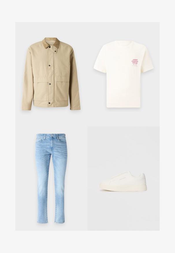 Casaco bege com colarinho de veludo cotelê, botões de pressão, dois bolsos frontais e uma forma ligeiramente ajustada. Feito de um tecido liso.; T-shirt branca de mangas curtas com o texto vermelho "Edição Originais do Estúdio" no lado esquerdo do peito, apresentada sobre um fundo cinza neutro.; Jeans de ganga azul claro com um corte slim, design de cinco bolsos e detalhes de desbotamento subtil, apresentando um corte reto clássico e fecho de botão.; Sapatilhas brancas de atacar com uma superfície texturizada, sola grossa e design minimalista. Possui o logo da marca na lateral.