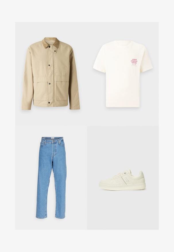 Beige jacket with a corduroy collar, snap buttons, two front pockets, and a slightly fitted shape. Made of smooth fabric.; White short-sleeve T-shirt with red text "Studio Originals Edition" on left chest, displayed on a neutral gray background.; Light blue high-waist straight-leg jeans with front button, zipper closure, belt loops, and five-pocket design on white background.; Cream-colored sneaker with perforated detailing, laces, and logo on the side, displayed against a plain white background.