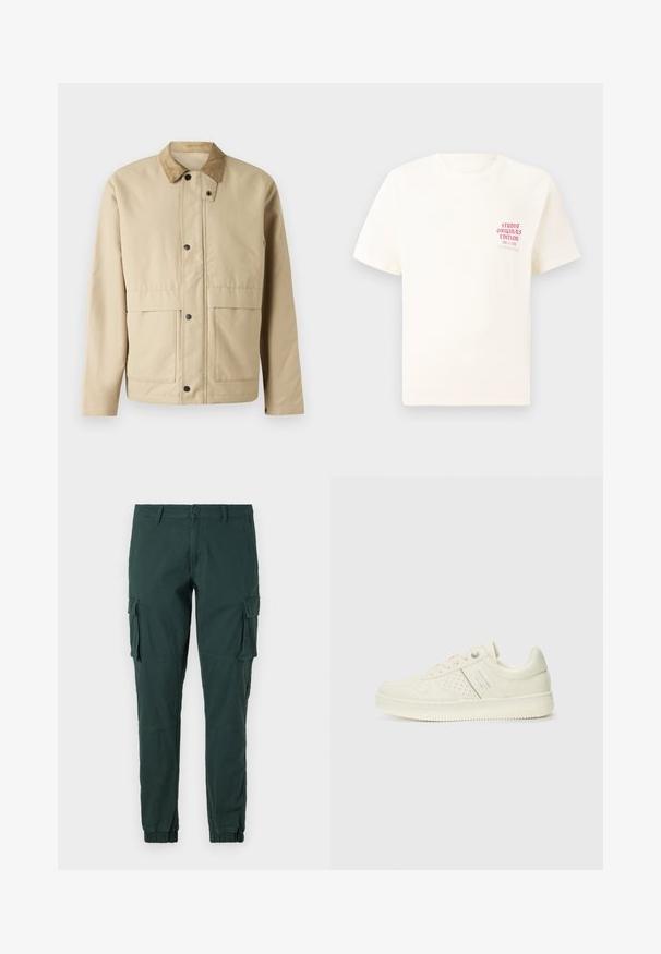 Beige jacket with a corduroy collar, snap buttons, two front pockets, and a slightly fitted shape. Made of smooth fabric.; White short-sleeve T-shirt with red text "Studio Originals Edition" on left chest, displayed on a neutral gray background.; Green cargo pants with a slim fit, featuring elastic cuffs, side pockets, and a classic button closure. Made from soft, durable fabric.; Cream-colored sneaker with perforated detailing, laces, and logo on the side, displayed against a plain white background.
