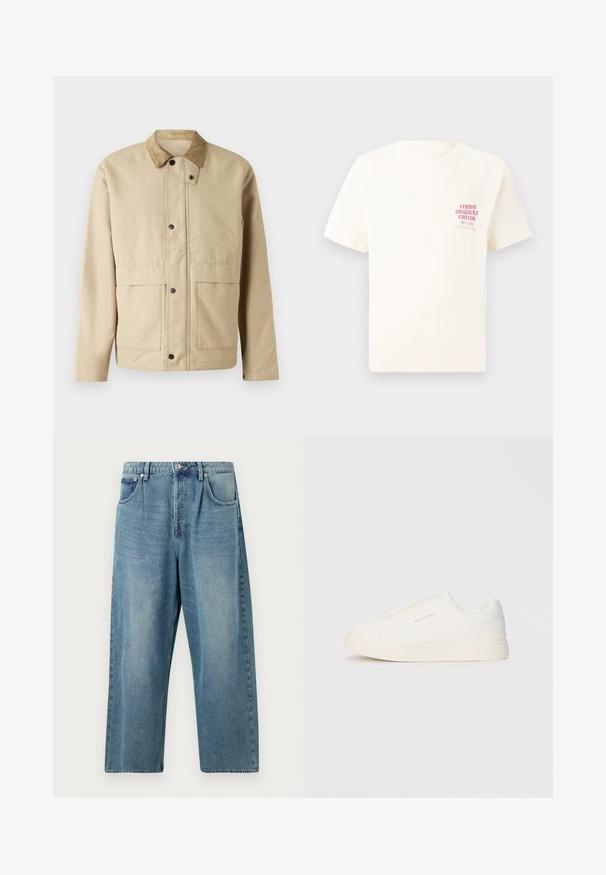 Veste beige avec un col en velours côtelé, des boutons-pression, deux poches à l'avant, et une coupe légèrement ajustée. Fabriquée en tissu lisse.; T-shirt blanc à manches courtes avec le texte rouge "Édition Originals du Studio" sur la poitrine gauche, présenté sur un fond gris neutre.; Jean en denim bleu clair avec une coupe droite, dotée d'une fermeture à boutons, de deux poches avant et d'une texture classique délavée.; Baskets blanches sans lacets avec une surface texturée, une semelle épaisse et un design minimaliste. Présente le logo de la marque sur le côté.