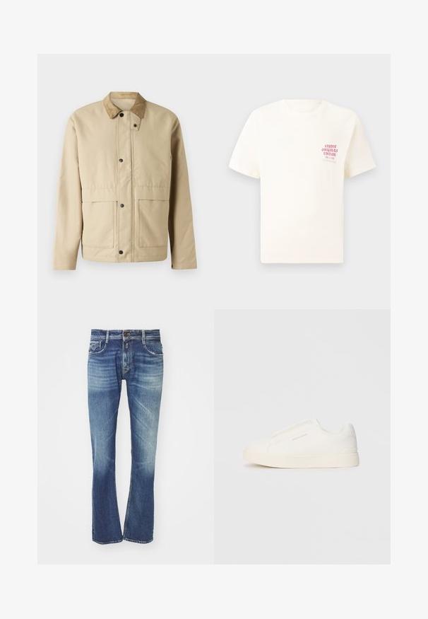 Šviesiai rudas švarkas su aksomo apykakle, užsegamas mygtukais, dviem priekinių kišenėmis ir šiek tiek prigludusia forma. Pagamintas iš lygaus audinio.; Balta trumpa rankovėmis marškinėliai su raudonu užrašu "Studio Originals Edition" kairiajame krūtinės šone, rodomi neutralioje pilkoje aplinkoje.; Tamsiai mėlyni džinsai su išblukusiu gradientiniu efektu, tiesaus kirpimo dizainas, klasikinis penkių kišenių stilius ir metalinė sagčių uždarymo sistema.; Baltos slip-on sportbačiai su tekstūruota paviršiumi, storesniu padu ir minimalistišku dizainu. Šone matosi prekės ženklo logotipas.