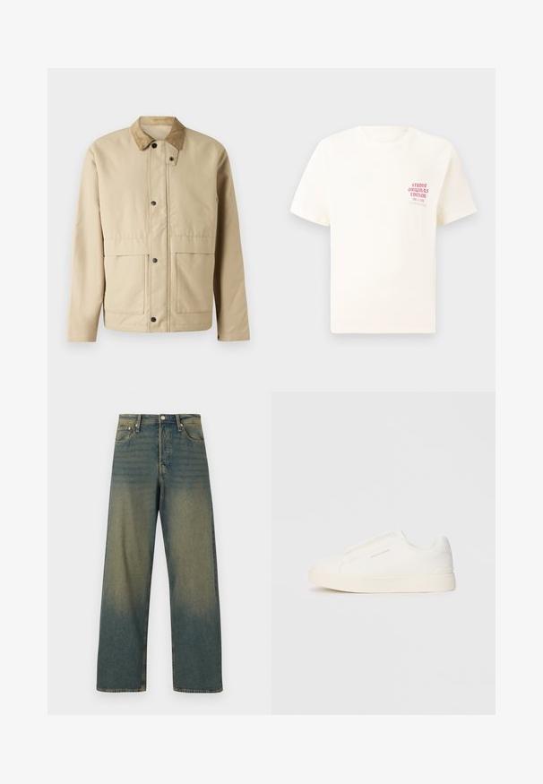 Beige jacket with a corduroy collar, snap buttons, two front pockets, and a slightly fitted shape. Made of smooth fabric.; White short-sleeve T-shirt with red text "Studio Originals Edition" on left chest, displayed on a neutral gray background.; Wide-leg jeans in a faded blue denim. Features a high waist, five-pocket design, metal button closure, and visible stitching details.; White slip-on sneakers with a textured surface, a thick sole, and minimalistic design. Features brand logo on the side.