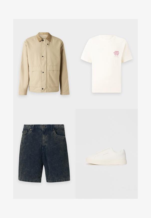 Beige jacket with a corduroy collar, snap buttons, two front pockets, and a slightly fitted shape. Made of smooth fabric.; White short-sleeve T-shirt with red text "Studio Originals Edition" on left chest, displayed on a neutral gray background.; Dark blue corduroy shorts featuring a button closure, two front pockets, and subtle lighter stripes across the fabric.; White slip-on sneakers with a textured surface, a thick sole, and minimalistic design. Features brand logo on the side.
