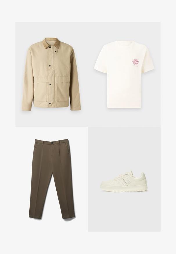 Beige Jacke mit einem Cordkragen, Druckknöpfen, zwei vorderen Taschen und einer leicht taillierten Form. Aus glattem Stoff gefertigt.; Weißes T-Shirt mit kurzen Ärmeln und rotem Text "Studio Originals Edition" auf der linken Brust, präsentiert vor einem neutralen grauen Hintergrund.; Braune Slim-Fit-Hosen mit Fronttaschen, Gürtelschlaufen, Knopfverschluss und mittigem Falten-Detail.; Cremefarbene Sneaker mit perforierten Details, Schnürsenkeln und Logo an der Seite, vor einem schlichten weißen Hintergrund präsentiert.