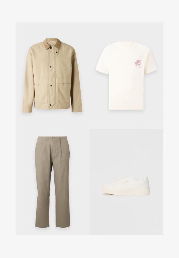 Casaco bege com colarinho de veludo cotelê, botões de pressão, dois bolsos frontais e uma forma ligeiramente ajustada. Feito de um tecido liso.; T-shirt branca de mangas curtas com o texto vermelho "Edição Originais do Estúdio" no lado esquerdo do peito, apresentada sobre um fundo cinza neutro.; Calças bege com uma superfície texturizada, apresentando um corte reto, pregas frontais e um fecho de botão único na cintura.; Sapatilhas brancas de atacar com uma superfície texturizada, sola grossa e design minimalista. Possui o logo da marca na lateral.