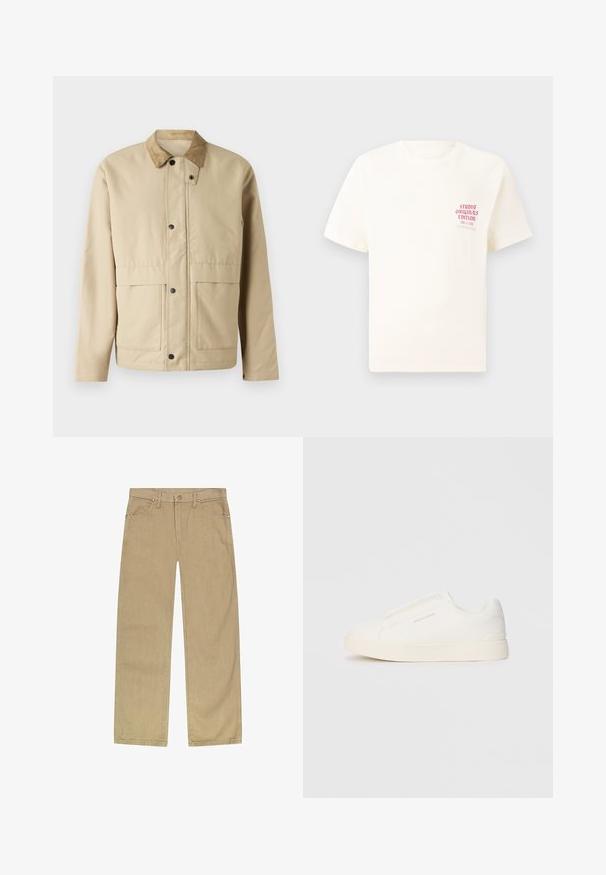 Beige jakke med et kordfløjskrave, trykknapper, to forlommer og en let fitted pasform. Lavet af blødt stof.; Hvid kortermet T-shirt med rød tekst "Studio Originals Edition" på venstre bryst, vist på en neutral grå baggrund.; Beige bomulds twill bukser med lige ben-design, fem lommer, front lukning med knap og messingfarvede nitter for holdbarhed.; Hvide slip-on sneakers med en struktureret overflade, en tyk sål og et minimalistisk design. Har brandlogoet på siden.