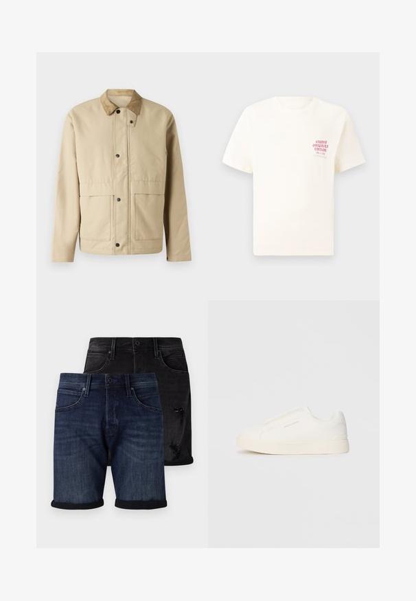 Casaco bege com colarinho de veludo cotelê, botões de pressão, dois bolsos frontais e uma forma ligeiramente ajustada. Feito de um tecido liso.; T-shirt branca de mangas curtas com o texto vermelho "Edição Originais do Estúdio" no lado esquerdo do peito, apresentada sobre um fundo cinza neutro.; Conjunto de calções de ganga, incluindo um par azul escuro com bainhas viradas e um par preto desgastado. Ambos têm um estilo clássico de cinco bolsos.; Sapatilhas brancas de atacar com uma superfície texturizada, sola grossa e design minimalista. Possui o logo da marca na lateral.