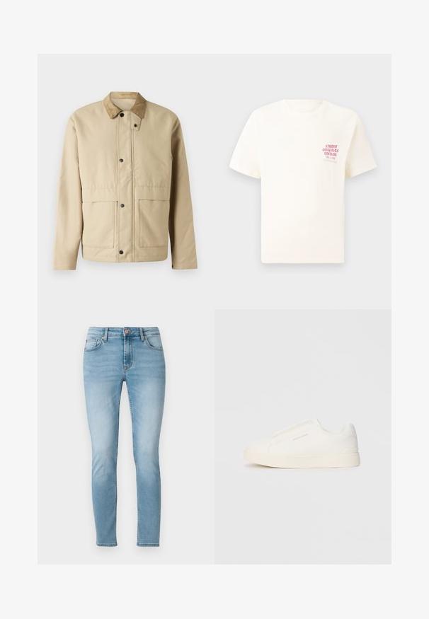 Casaco bege com colarinho de veludo cotelê, botões de pressão, dois bolsos frontais e uma forma ligeiramente ajustada. Feito de um tecido liso.; T-shirt branca de mangas curtas com o texto vermelho "Edição Originais do Estúdio" no lado esquerdo do peito, apresentada sobre um fundo cinza neutro.; Jeans justos azuis claros feitos de denim, apresentando uma cintura de altura média, cinco bolsos e um desbotado subtil nas coxas. Fecho por botão na cintura.; Sapatilhas brancas de atacar com uma superfície texturizada, sola grossa e design minimalista. Possui o logo da marca na lateral.