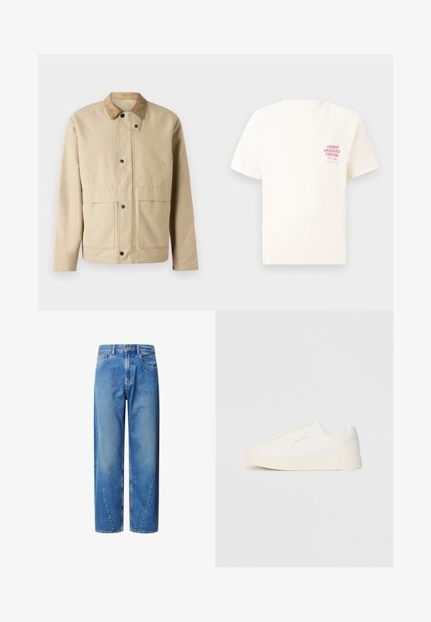 Casaco bege com colarinho de veludo cotelê, botões de pressão, dois bolsos frontais e uma forma ligeiramente ajustada. Feito de um tecido liso.; T-shirt branca de mangas curtas com o texto vermelho "Edição Originais do Estúdio" no lado esquerdo do peito, apresentada sobre um fundo cinza neutro.; Jeans de denim azul claro com uma cintura alta, corte largo e costuras anguladas no yoke. Apresenta cinco bolsos e um fecho de botão.; Sapatilhas brancas de atacar com uma superfície texturizada, sola grossa e design minimalista. Possui o logo da marca na lateral.