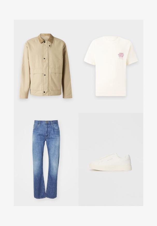 Beige dzseki kordbór szegéllyel, patent gombokkal, két elülső zsebbel és enyhén testhez simuló fazonnal. Simább anyagból készült.; Fehér, rövid ujjú póló, bal mellen piros szöveggel "Studio Originals Edition", semleges szürke háttér előtt.; Világos kék farmernadrág egyenes szárú szabással, enyhe kopással, öt zsebbel és gombos záródással a deréknál.; Fehér slip-on sportcipők texturált felülettel, vastag talppal és minimalista dizájnnal. Az oldalon a márka logója található.