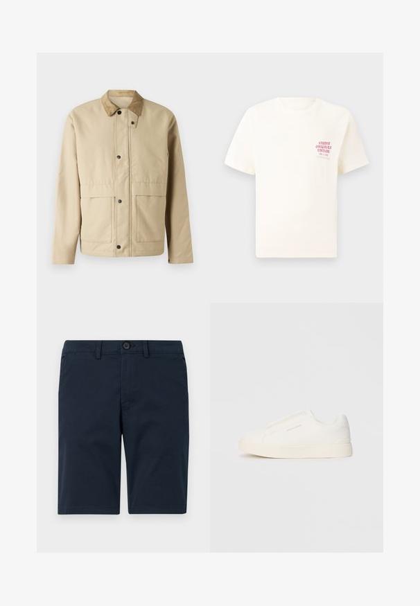 Bež jakna s kordura ovratnikom, zapenjanjem na gumbke, dvema sprednjima žepoma in rahlo prilegajočo obliko. Narejena iz gladkega materiala.; Bela majica s kratkimi rokavi z rdečim napisom "Studio Originals Edition" na levi strani prsnega koša, prikazana na nevtralnem sivo backgroundu.; Mornarsko modri kratki hlače iz mešanice bombaža, z gumbom za zapiranje, zankami za pas in ravnim robom z minimalnim okrasjem.; Bele zapete brez vezalk z teksturirano površino, debelim podplatom in minimalističnim dizajnom. Na strani se nahaja logotip blagovne znamke.