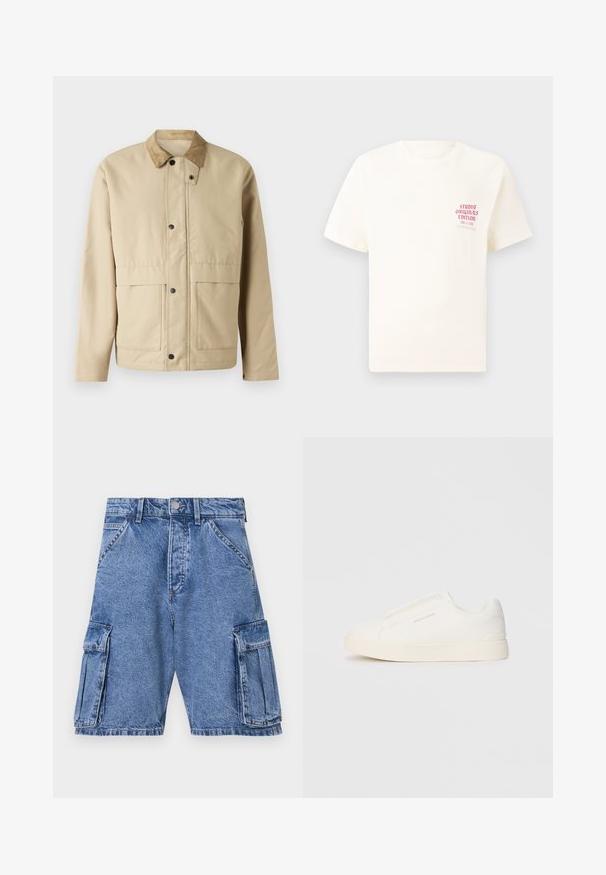 Bež žaket, millel on sametist krae, nööbid, kaks esist taskut ja kergelt taljes lõige. Valmistatud siledast kangast.; Valge lühikeste varrukatega T-särk, millel on vasakul rinnal punane tekst "Studio Originals Edition", esitatud neutraalsel hallil taustal.; Sinise teksatooted, kõrge vöökoht, mitmed külje-kotid ja klassikaline viie tasku disain. Kivipesu tekstuur.; Valged libisemiskindlad tossud tekstuuriga pinnaga, paksu tallaga ja minimalistikus disainis. Küljel on brändi logo.