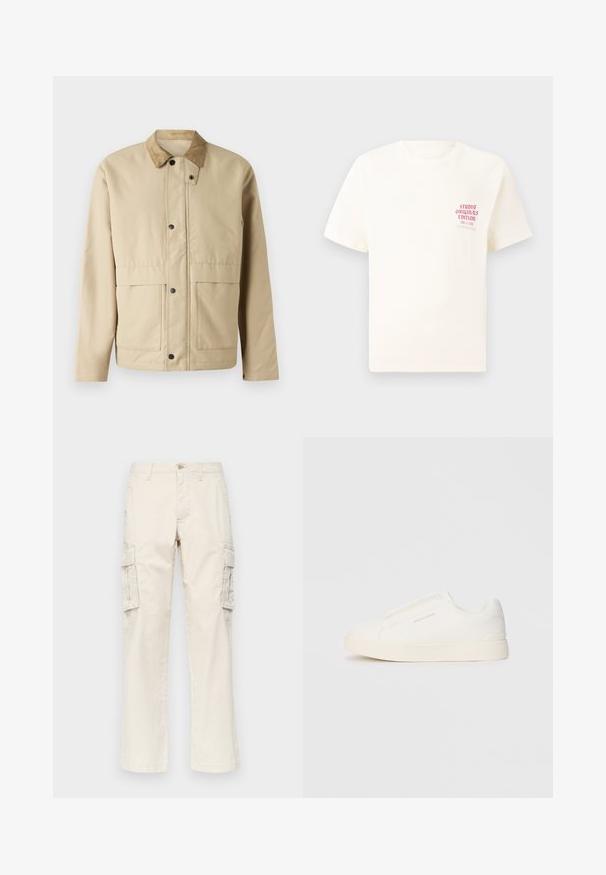 Beige jas met een ribstoffen kraag, drukknoopsluiting, twee voorzakken en een licht getailleerde pasvorm. Gemaakt van gladde stof.; Witte T-shirt met korte mouwen met rode tekst "Studio Originals Edition" op de linker borst, weergegeven op een neutrale grijze achtergrond.; GAP STRAIGHT CARGO PANT - Cargobroek - chino; Witte instap sneakers met een gestructureerd oppervlak, een dikke zool en een minimalistisch ontwerp. Bevat het merklogo aan de zijkant.