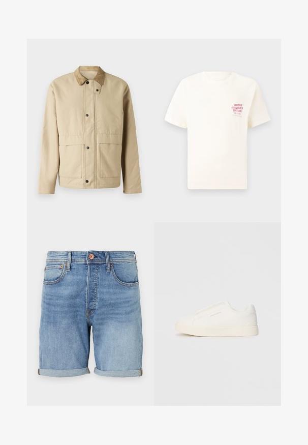 Bež jakna s kordura ovratnikom, dugmadi na pritisak, dva prednja džepa i lagano prilagođenim oblikom. Izrađeno od glatkog materijala.; Bijela kratka majica s kratkim rukavima s crvenim natpisom "Studio Originals Edition" na lijevoj strani grudi, prikazana na neutralnoj sivoj pozadini.; Svijetloplavi traper šorts klasičnog kroja, s uvrnutim rubovima, prednjim džepovima i detaljima od bakra. Mekana tekstura i ležeran dizajn.; Bijele slip-on tenisice s teksturiranom površinom, debelim đonom i minimalističkim dizajnom. Sadrže logo branda sa strane.