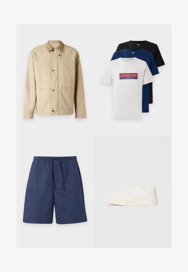 Beige jacket with a corduroy collar, snap buttons, two front pockets, and a slightly fitted shape. Made of smooth fabric.; Three stacked short-sleeve crew neck t-shirts in white with red and blue logo, navy blue, and black, displayed on white background.; Navy blue shorts made from lightweight fabric, featuring an elastic waistband with a drawstring, side pockets, and a relaxed fit.; White slip-on sneakers with a textured surface, a thick sole, and minimalistic design. Features brand logo on the side.