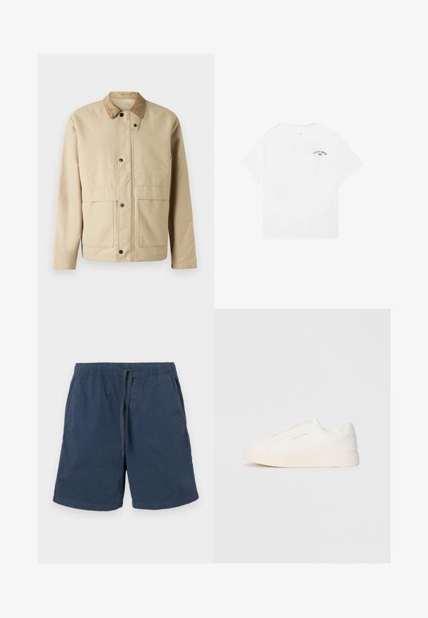 Beige jacka med en kordfl.tvillspets, tryckknappar, två framfickor och en något figursydd form. Tillverkad av ett slätt tyg.; Vit bomullströja med korta ärmar, rund halsringning och en liten grafik med texten "LA VILLE LUMIÈRE" i svart och röd på den övre delen av ryggen.; Marina blå shorts i bomull med elastisk midja och snörning. Har sidofickor och rak skärning.; Vita slip-on sneakers med en texturerad yta, en tjock sula och minimalistisk design. Har varumärkeslogotypen på sidan.