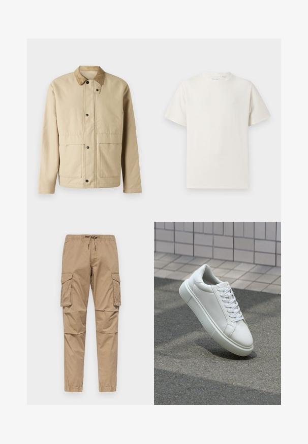 Veste beige avec un col en velours côtelé, des boutons-pression, deux poches à l'avant, et une coupe légèrement ajustée. Fabriquée en tissu lisse.; T-shirt blanc à manches courtes en texture côtelée. Encolure ronde, coupe décontractée, sans motifs ni accents visibles. Design simple et polyvalent.; Pantalons cargo beiges en coton, dotés d'une taille élastique avec cordon de serrage, de poches latérales et de jambes fuselées avec ourlets à revers.; Baskets en cuir blanc avec une surface lisse, bout rond et lacets plats blancs. Présentent une semelle en caoutchouc texturée et des éléments de design minimalistes.