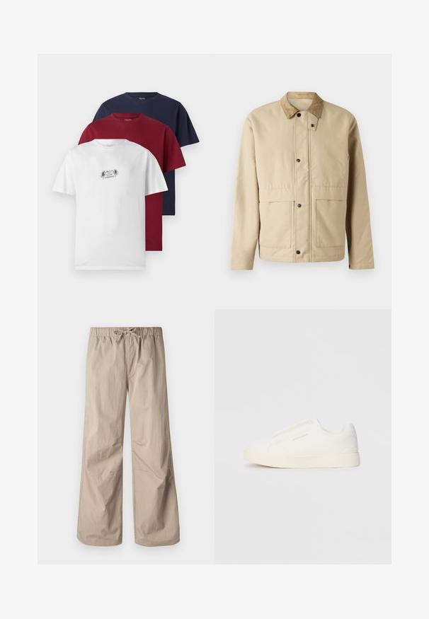 Beige dzseki kordbór szegéllyel, patent gombokkal, két elülső zsebbel és enyhén testhez simuló fazonnal. Simább anyagból készült.; Három rövid ujjú póló fehér, burgundi és tengerészkék színben. Mindegyik kerek nyakkal és puha pamut anyagból készült, a fehér pólón pedig egy kis grafika található.; Beige, bő szárú nadrág rugalmas derékpánttal és zsinórral. Sima textúra, két oldalsó zseb és minimális varrások a kényelmes illeszkedésért.; Fehér slip-on sportcipők texturált felülettel, vastag talppal és minimalista dizájnnal. Az oldalon a márka logója található.
