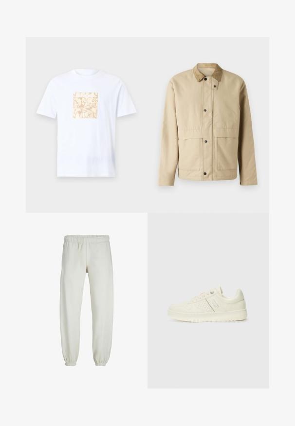 Bež jakna s kordura ovratnikom, dugmadi na pritisak, dva prednja džepa i lagano prilagođenim oblikom. Izrađeno od glatkog materijala.; Bijela pamučna majica s kratkim rukavima koja ima središnji kvadratni bež grafički uzorak s teksturiranim oblikom. Okrugli izrez na vratu.; Bijele trenirke napravljene od mekanog materijala, s elastikom u struku i na manžetama, glatke teksture i labavog kroja.; Kremasto bijele tenisice s perforiranim detaljima, vezicama i logotipom s bočne strane, prikazane na jednostavnoj bijeloj pozadini.