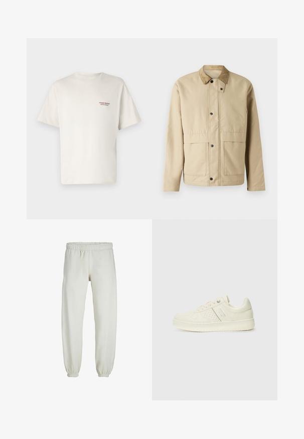 Jachetă bej cu guler din catifea, nasturi tip snaps, două buzunare frontale și o siluetă ușor ajustată. Fabricată dintr-un material neted.; Tricou din bumbac de culoare crem, cu mâneci scurte, având un mic logo roșu imprimat în zona stângă a pieptului. Design simplu și clasic.; Pantaloni de trening albi, realizati dintr-un textile moale, avand talie elastica si mansete, cu o textura fina si un design lejer.; Adidași crem cu detalii perforate, șireturi și logo pe lateral, expuși pe un fundal alb simplu.