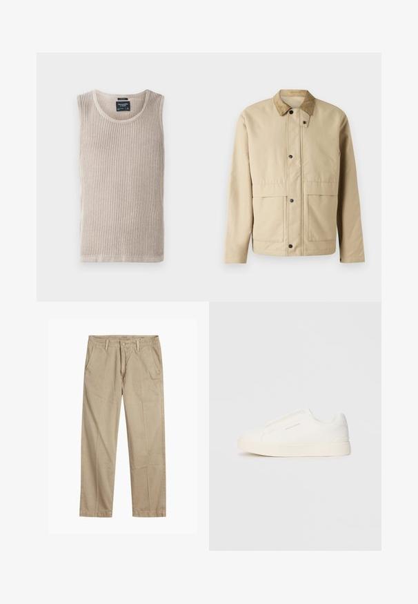 Bež jakna s kordura ovratnikom, dugmadi na pritisak, dva prednja džepa i lagano prilagođenim oblikom. Izrađeno od glatkog materijala.; Bežani rebrasti top bez rukava s okruglim izrezom, meke teksture. Oznaka ušivena unutar područja vrata, ravni rub.; Bež chinos hlače ravnog kroja s petljama za remen, prednjim gumbom i zatvaranjem nazip, te kosi prednjim džepovima.; Bijele slip-on tenisice s teksturiranom površinom, debelim đonom i minimalističkim dizajnom. Sadrže logo branda sa strane.