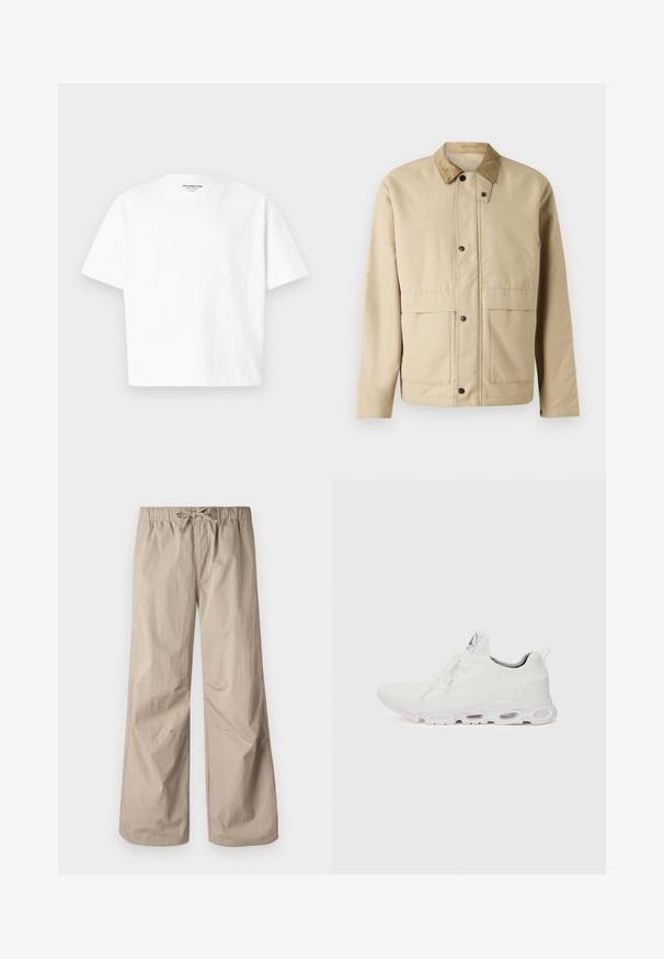 Μπεζ ζακέτα με κολάρο από καπαρντίνα, κουμπιά με κλιπ, δύο μπροστινές τσέπες και ελαφρώς εφαρμοστό σχήμα. Φτιαγμένη από απαλό ύφασμα.; Λευκή βαμβακερή μπλούζα με κλασικό στρογγυλό λαιμό και κοντά μανίκια. Διαθέτει χαλαρή εφαρμογή και μινιμαλιστικό σχέδιο χωρίς μοτίβα ή επισημάνσεις.; Μπεζ παντελόνια φαρδιάς γραμμής με ελαστική μέση και κορδόνι. Λείος υφασμάτινος σχεδιασμός, δύο πλαϊνές τσέπες και ελάχιστες ραφές για άνετη εφαρμογή.; Λευκά αθλητικά παπούτσια με υφασμάτινη επάνω επιφάνεια με υφή, επίπεδα κορδόνια και μαλακή σόλα με ορατά αεροθαλάμους για επιπλέον υποστήριξη.
