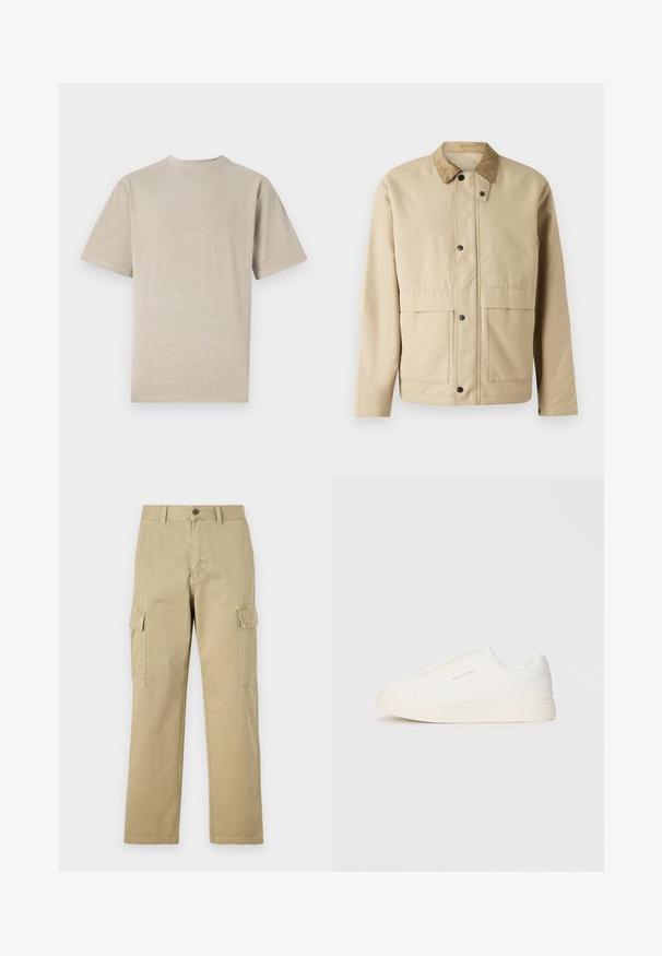 Casaco bege com colarinho de veludo cotelê, botões de pressão, dois bolsos frontais e uma forma ligeiramente ajustada. Feito de um tecido liso.; Camiseta de manga curta em bege claro com decote redondo, feita de um tecido suave, com uma textura lisa e um design simples sem gráficos.; Calças cargo bege feitas de algodão, com dois bolsos laterais, fecho de botão e pernas retas com um tecido ligeiramente texturizado.; Sapatilhas brancas de atacar com uma superfície texturizada, sola grossa e design minimalista. Possui o logo da marca na lateral.
