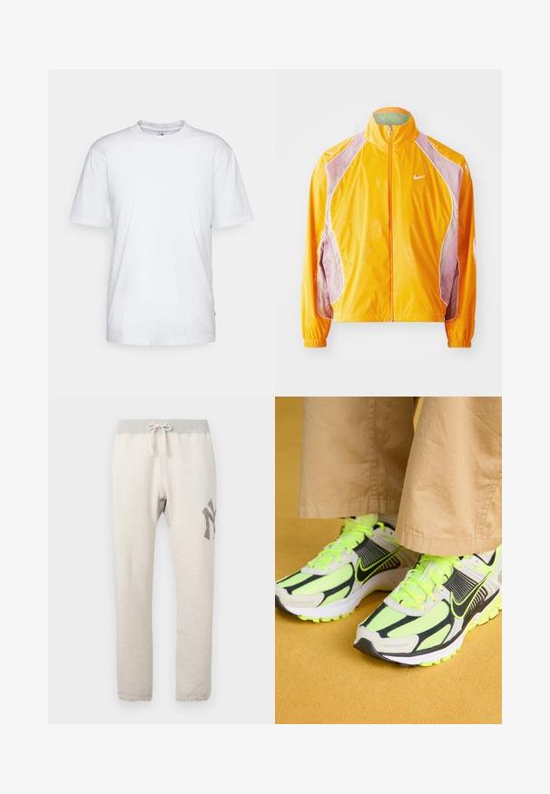 Gul nylonjakke med lilla detaljer, høy krage og frontglidelås. Har elastiske mansjetter og pustevennlig meshfôr. Nike-logoen vises.; Hvit bomull t-skjorte med rund hals, korte ermer og rett kant. Har et lite merke på venstre side av sømmen.; Lys beige joggebukser med et grått elastisk belte, snøring, sidelommer og en mørkegrå grafikk på venstre lår.; Neon grønn og svart joggesko med mesh-materiale, kontrasterende overlegg og teksturerte såler, med lyse snører og en polstret design.