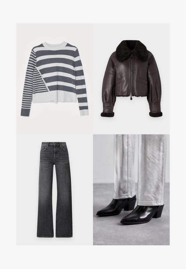 Bruine leren cropped jasje met een grote donkere schapenwollen kraag, ritssluiting en geribbelde schapenwollen manchetten. Heeft schuine voork pockets.; Gestreepte trui met een ronde halslijn, met een mix van donkergrijze en lichtgrijze horizontale strepen van verschillende breedtes en een zachte textuur.; Zwarte spijkerbroek van denim met een hoge taille en een wijd uitlopende pasvorm. Bevat vijf zakken en een subtiele vervaagde textuur met contrasterende stiksels.; Zwarte leren enkellaarzen met een spitse neus en blokhak, gecombineerd met glanzende zilveren broeken, die slanke texturen en contrasterende kleuren laten zien.