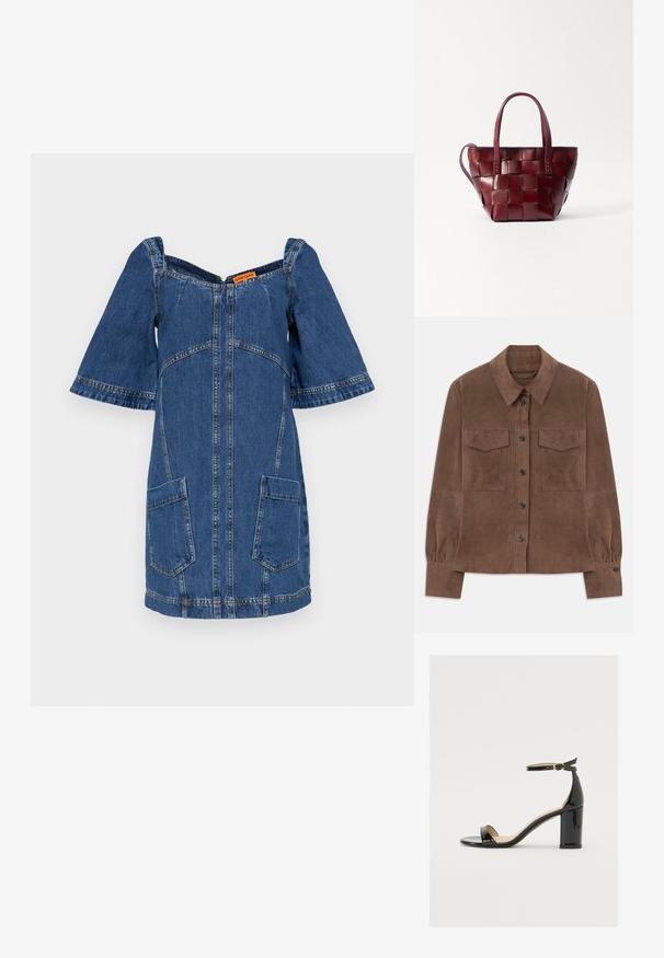 Braunes Wildlederhemd mit langen Ärmeln, Knopfleiste, spitzem Kragen, zwei Brustklapptaschen und geknöpften Manschetten.; Denimkleid mit kurzen, weiten Ärmeln, V-förmigem Ausschnitt, Zip-Vorverschluss und zwei aufgesetzten Taschen. Aus blauer Baumwolle mit sichtbaren Nähten.; Schwarze Lackleder-Sandalette mit weitem Absatz, offener Zehenpartie und Knöchelriemen mit goldener Schnalle. Glatte Textur und elegantes Design.; Geflochtene bordeauxfarbene Lederhandtasche mit zwei kurzen Griffen und einem abnehmbaren Schultergurt. Sie hat eine strukturierte Form und eine glatte Textur.