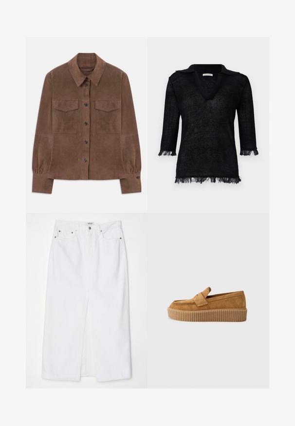 Brun ruskinds langærmet skjorte med knaplukning foran, spidse krave, to brystlommer med flap og knapmanchetter.; Sort strikpullover med V-hals og krave. Har trekvartlange ærmer med frynsedetaljer ved manchetterne og kanten. Struktureret materiale.; Hvid denimnederdel med splid foran, fem-lomme design, metalknap og lynlåslukning samt syede kantdetaljer.; Brune ruskinds loafers med rund tå, der har en ribbet platformssål og et dekorativt bånd henover overdelen.