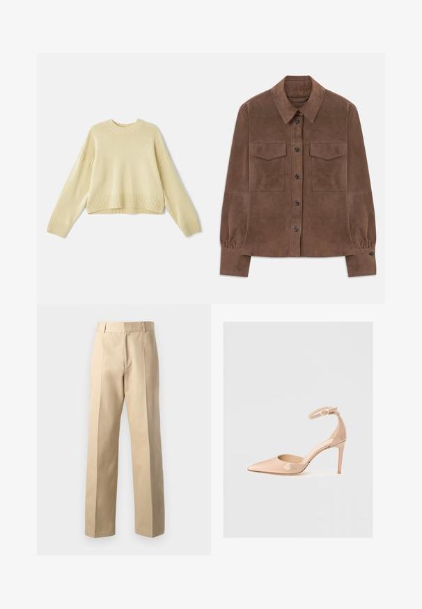 Brun mockak shirt med långa ärmar, knappar fram, spetsig krage, två bröstfickor med lock och knäppbara manschetter.; Vanessa Bruno ESTHER - Stickad tröja - jaune; Beiga skräddarsydda byxor med rak ben-design, som har en slät yta, centrala framfällor och ett klassiskt midjeband.; Nackens patentläder skon med spetsig tå, ankelrem och stilettklack, med en slät yta och minimalistisk design.