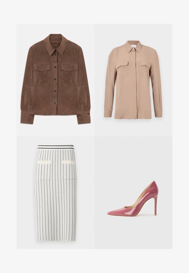 Ruda suede ilgo rankovės marškiniai su sagų užsegimu priekyje, smailiu apykakle, dviem krūtininiais kišenėmis su uždengimu ir su sagutėmis užsegamomis rankovėmis.; Ilgas smėlinės spalvos marškiniai su sagomis, pagaminti iš lengvos medžiagos. Turi dvi krūtinės kišenes ir klasikinį apykaklę, tiesų kirpimą ir minimalistinį dizainą.; Pintažinė pieštuko sijonas šviesiai pilkos spalvos su tamsiomis vertikaliomis juostelėmis, su vietomis juosmens ribota ir dviem užpakalinėmis kišenėmis. Lygus tekstūrinis paviršius.; Rožinės plastikinių odos aukštakulnės bateliai su smailiu pirštu ir elegantiška siluetu, turintys išpjovą detalę ir stiletą kulną.