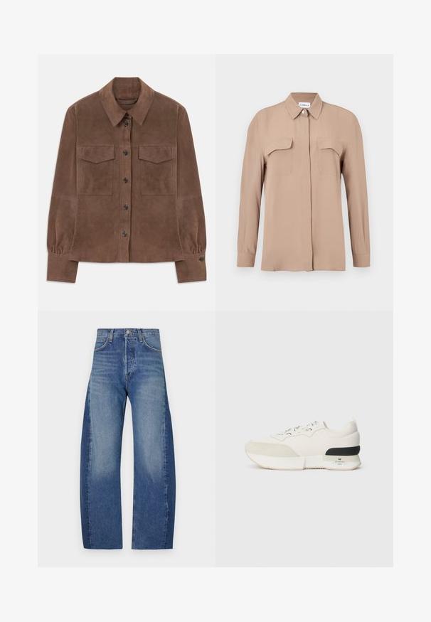Camisa de camurça castanha de mangas longas com frente abotoada, colarinho pontiagudo, dois bolsos com aba no peito e punhos abotoados.; Camisa bege de manga comprida com botões, em tecido leve. Apresenta dois bolsos no peito e colarinho clássico, com corte recto e design minimalista.; Calças de ganga em um gradiente de azul claro a escuro, com um corte largo e relaxado, design de cinco bolsos e detalhes de costura visíveis.; Sneaker branco com biqueira em camurça texturizada, parte superior em malha lisa, atacadores decorativos e um detalhe na parte de trás em borracha preta.