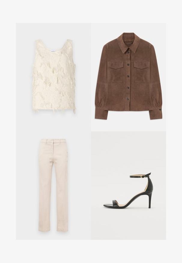 Brown suede long-sleeve shirt with button-down front, pointed collar, two chest flap pockets, and buttoned cuffs.; Cream-colored sleeveless top with a textured, fringed pattern and smooth edges. Label at the neckline reads "Marella."; Beige cotton trousers with a tailored fit, straight legs, a front zipper, and a smooth texture. Features traditional belt loops.; Black leather high-heeled sandal with an ankle strap. Features a smooth texture, open toe, and a thin heel. Gold-toned buckle detail.